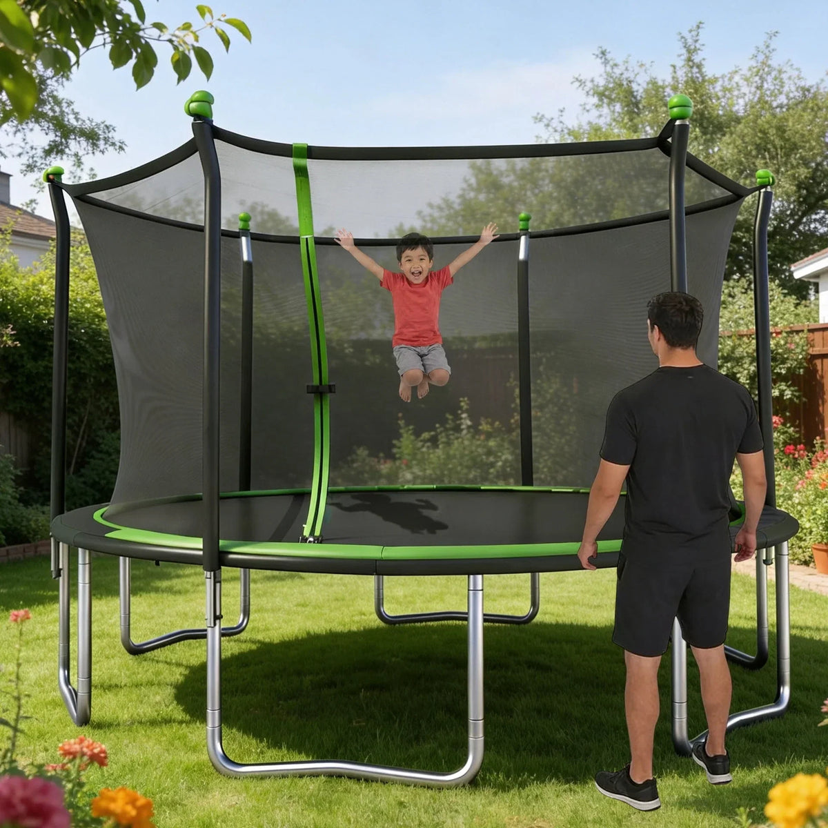 Sportspower BouncePro 14 ft Trampoline Meets ASTM Safety Standards, Heavy-Duty Rust-Resistant Steel Frame, UV-Resistant Jump Mat & Safety Net