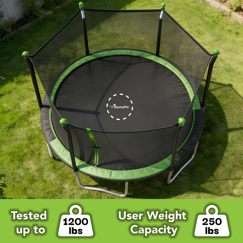 Sportspower BouncePro 14 ft Trampoline Meets ASTM Safety Standards, Heavy-Duty Rust-Resistant Steel Frame, UV-Resistant Jump Mat & Safety Net