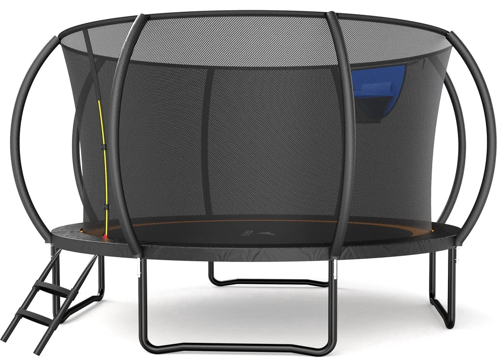 Merach 14FT Pumpkin Outdoor Trampoline with Safety Enclosure Net, Basketball Hoop & Ladder, Heavy Duty Backyard Trampoline for Kids & Adults