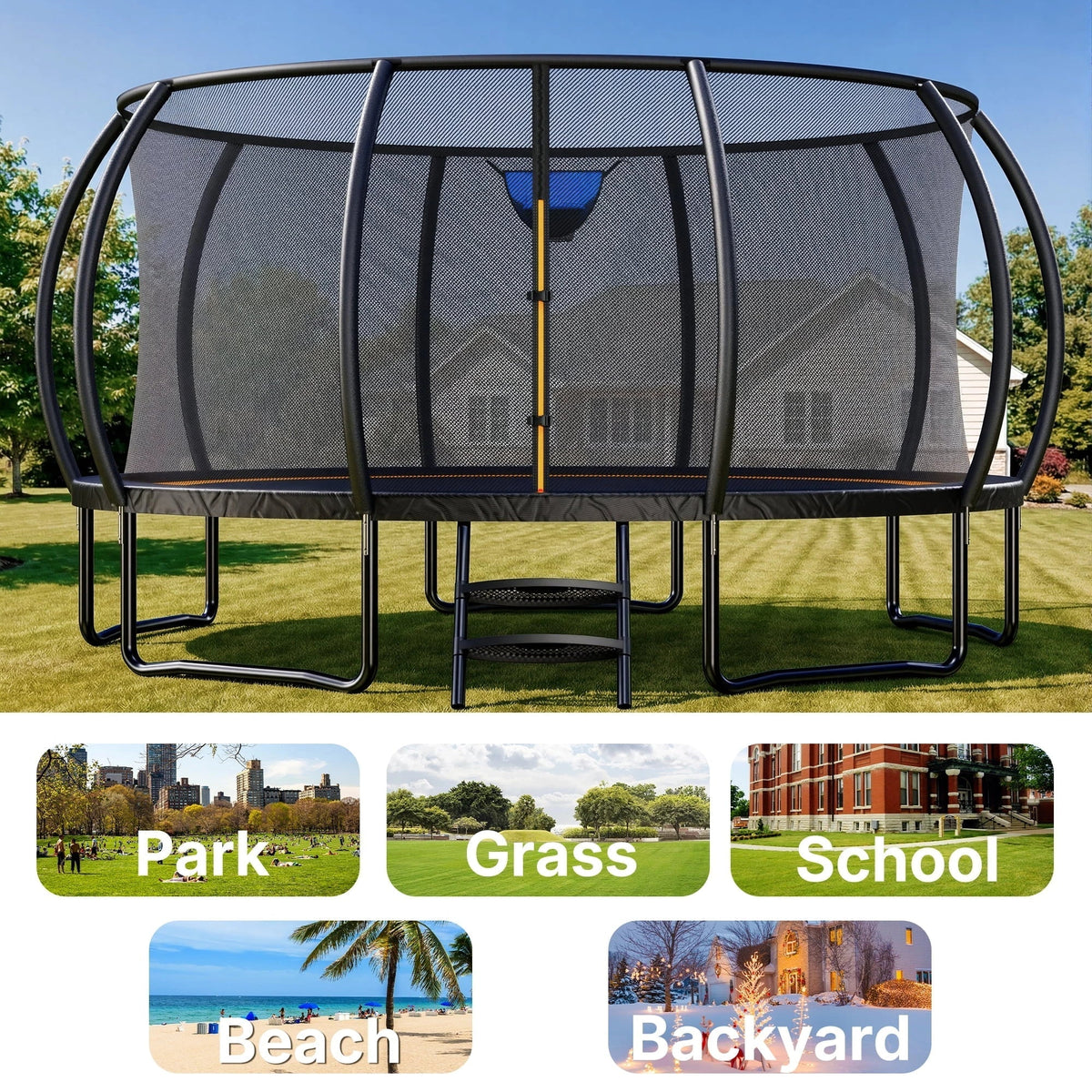 Merach 14FT Pumpkin Outdoor Trampoline with Safety Enclosure Net, Basketball Hoop & Ladder, Heavy Duty Backyard Trampoline for Kids & Adults