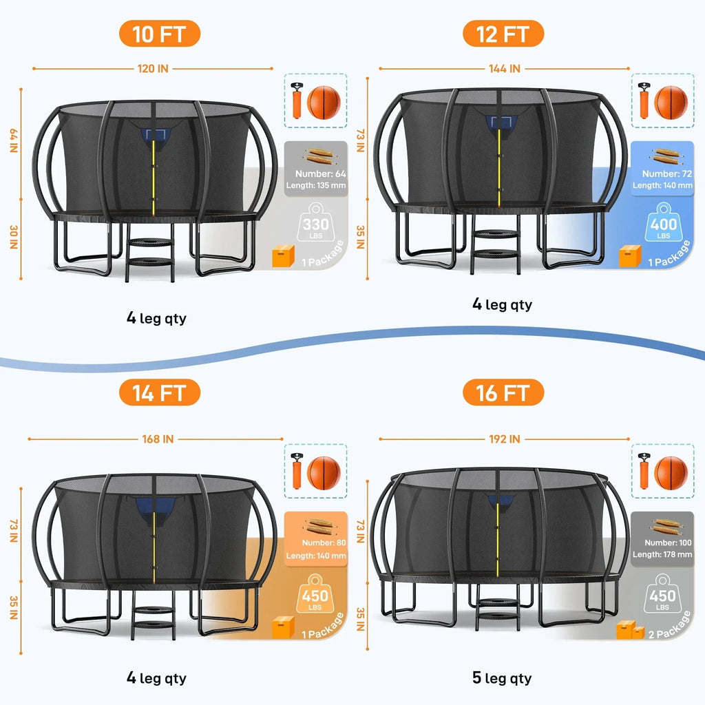 Merach 14FT Pumpkin Outdoor Trampoline with Safety Enclosure Net, Basketball Hoop & Ladder, Heavy Duty Backyard Trampoline for Kids & Adults