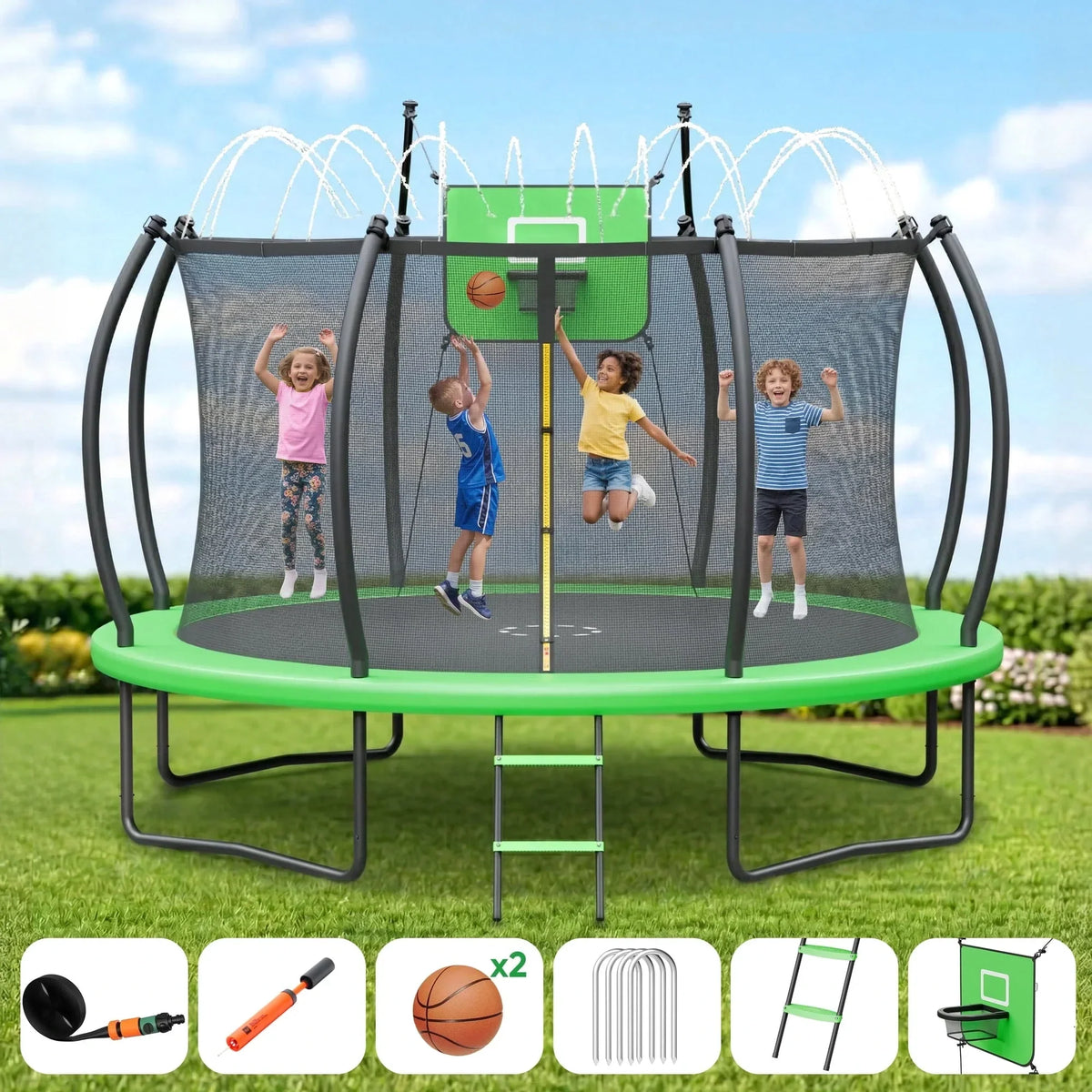 Outdoor Trampoline,Fashionsport Outfitters 8FT/12FT/14FT/16FT Round Jumping Trampoline with Ladder,Sprinkler,Basketball Hoop Board,Recreational