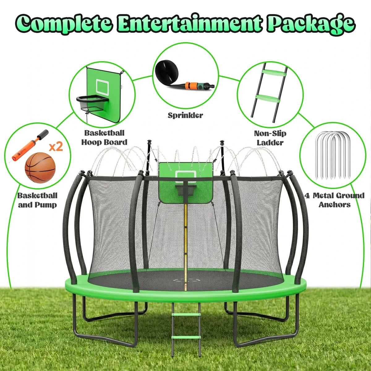 Outdoor Trampoline,Fashionsport Outfitters 8FT/12FT/14FT/16FT Round Jumping Trampoline with Ladder,Sprinkler,Basketball Hoop Board,Recreational