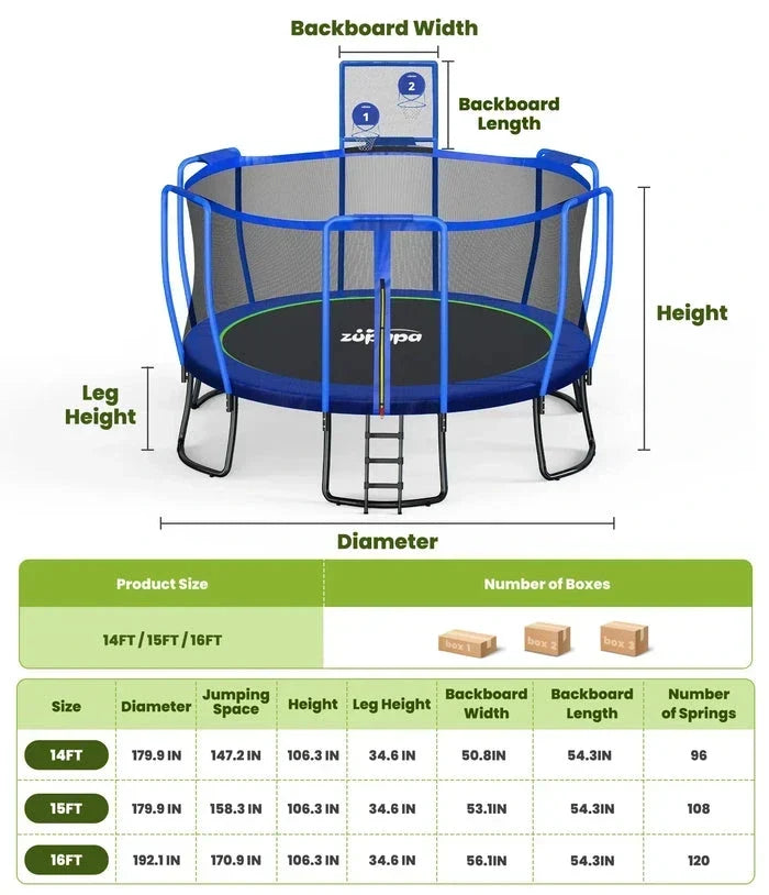 Zupapa 1500LBS Upgraded Trampoline 10-16FT - Play Equipment