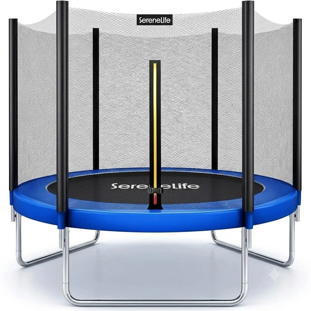 SereneLife 8FT 10FT 12FT 14FT Outdoor Trampoline for Kids - Recreational Backyard Trampoline with Curved Safety Poles and Net Enclosure- ASTM
