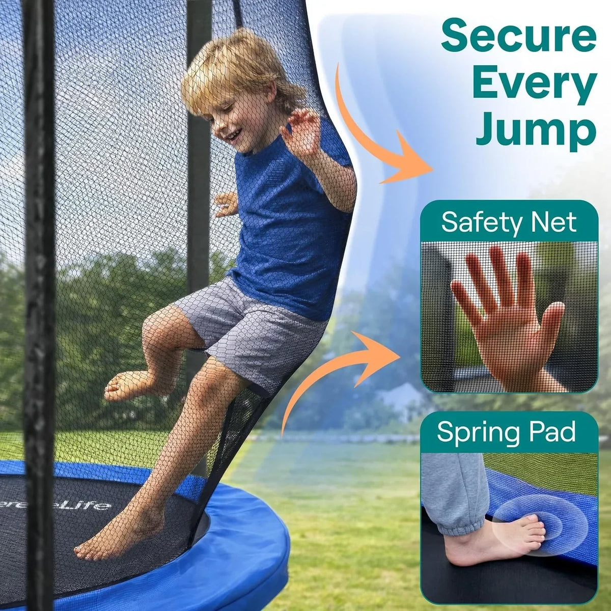 SereneLife 8FT 10FT 12FT 14FT Outdoor Trampoline for Kids - Recreational Backyard Trampoline with Curved Safety Poles and Net Enclosure- ASTM