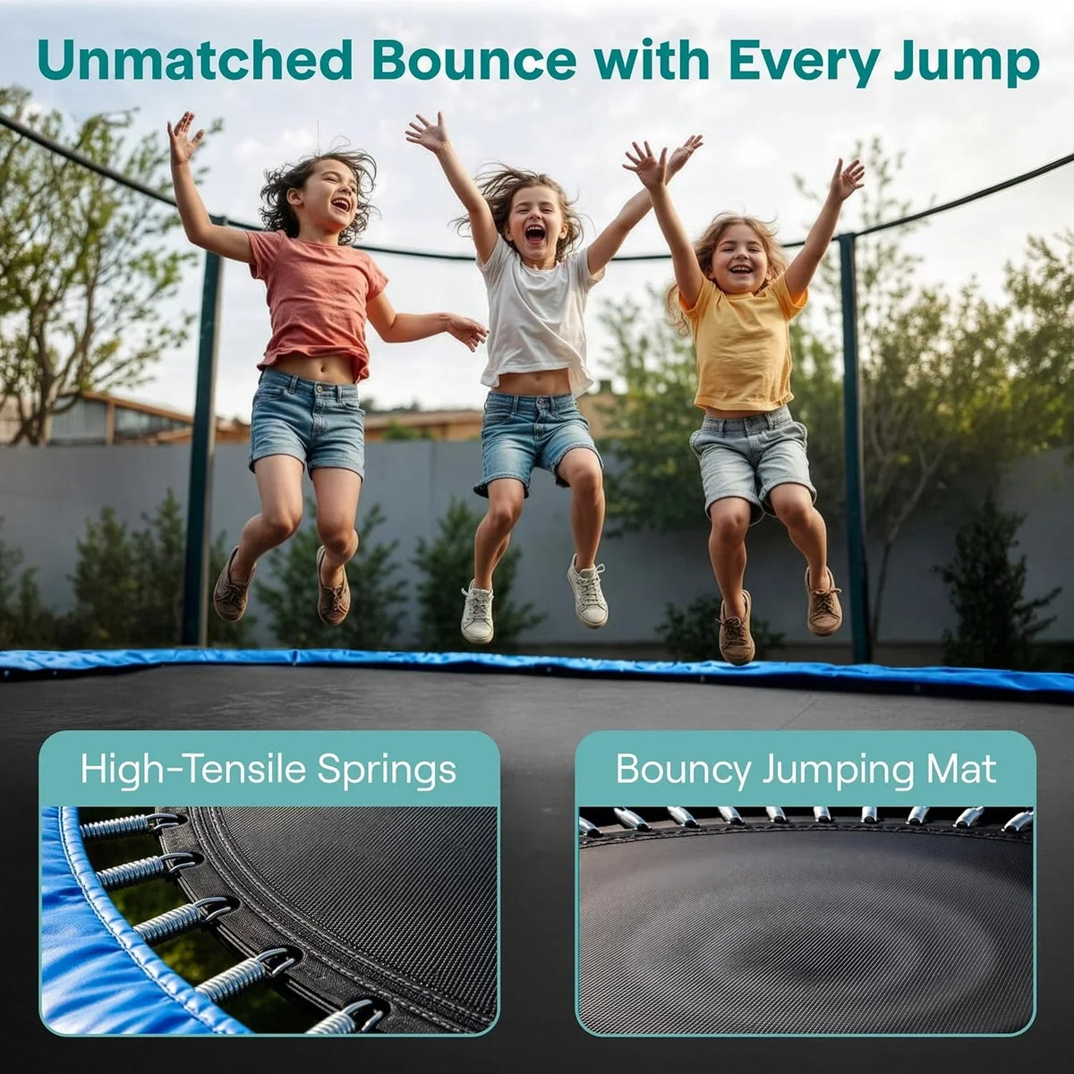 SereneLife 8FT 10FT 12FT 14FT Outdoor Trampoline for Kids - Recreational Backyard Trampoline with Curved Safety Poles and Net Enclosure- ASTM