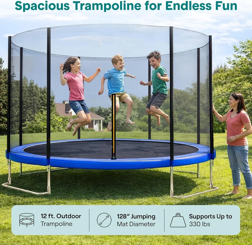 SereneLife 8FT 10FT 12FT 14FT Outdoor Trampoline for Kids - Recreational Backyard Trampoline with Curved Safety Poles and Net Enclosure- ASTM