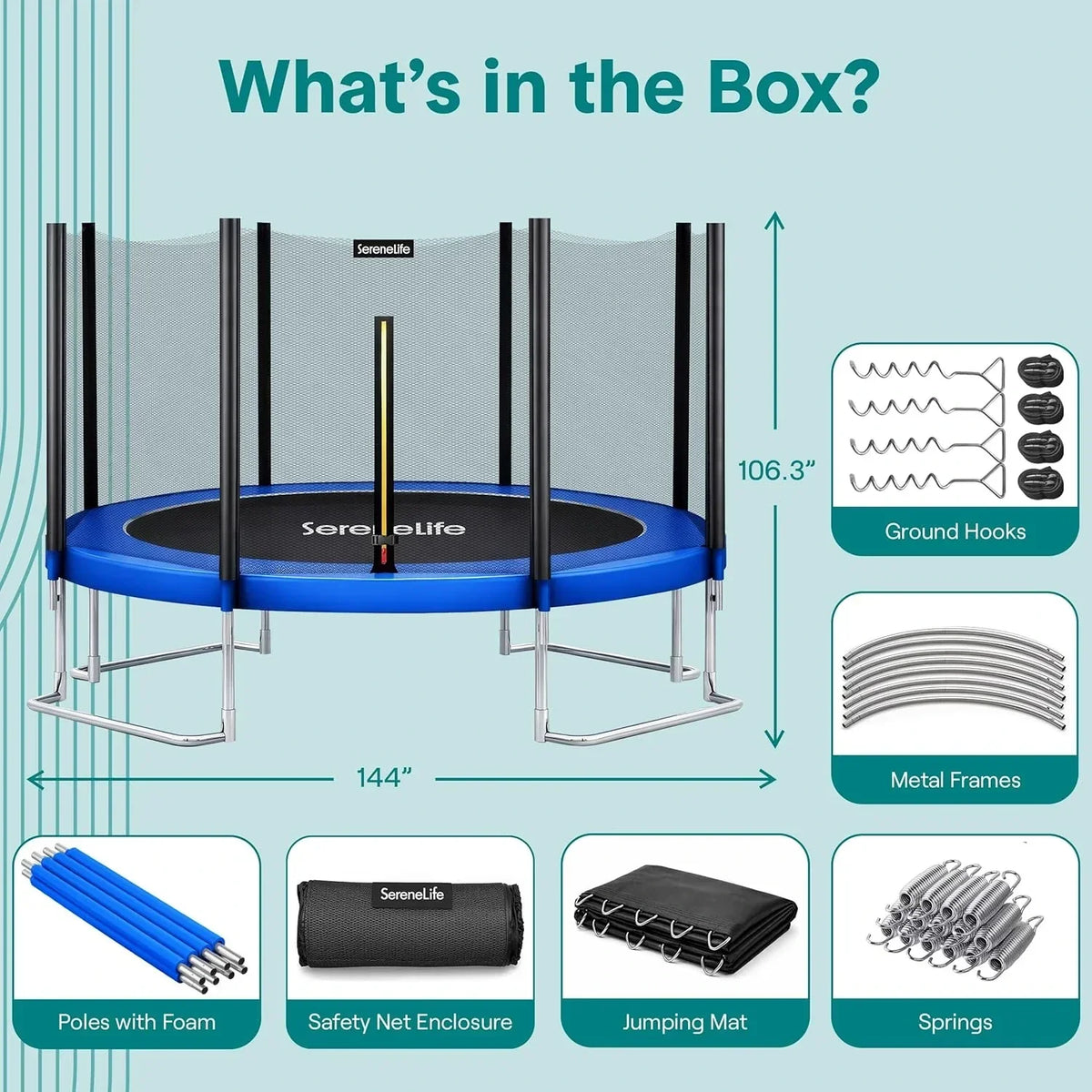 SereneLife 8FT 10FT 12FT 14FT Outdoor Trampoline for Kids - Recreational Backyard Trampoline with Curved Safety Poles and Net Enclosure- ASTM