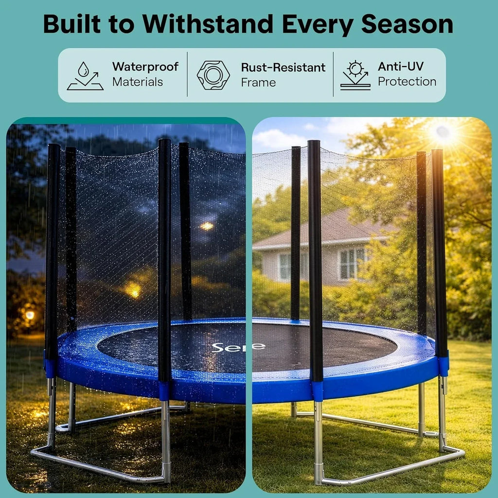 SereneLife 8FT 10FT 12FT 14FT Outdoor Trampoline for Kids - Recreational Backyard Trampoline with Curved Safety Poles and Net Enclosure- ASTM