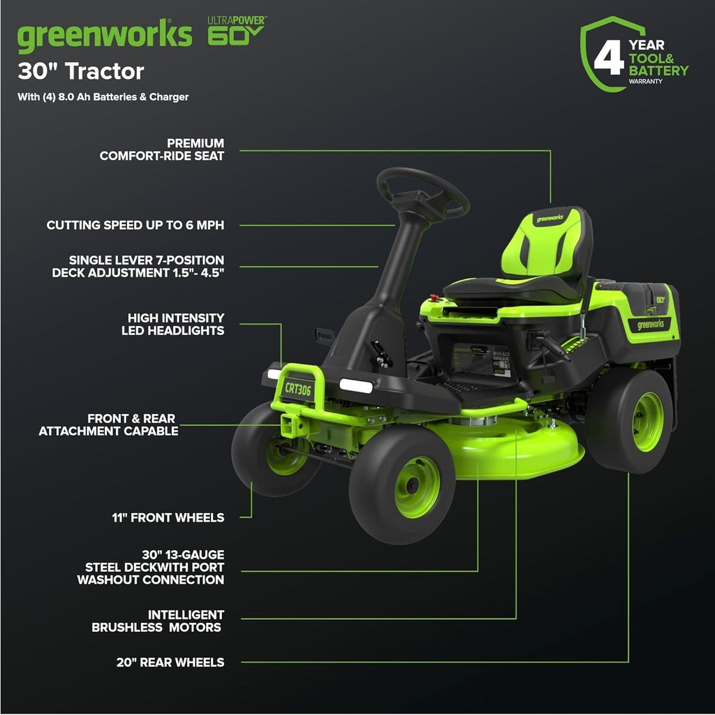 Greenworks 60V 30" CrossoverT Riding Lawn Tractor with 8.0 Ah