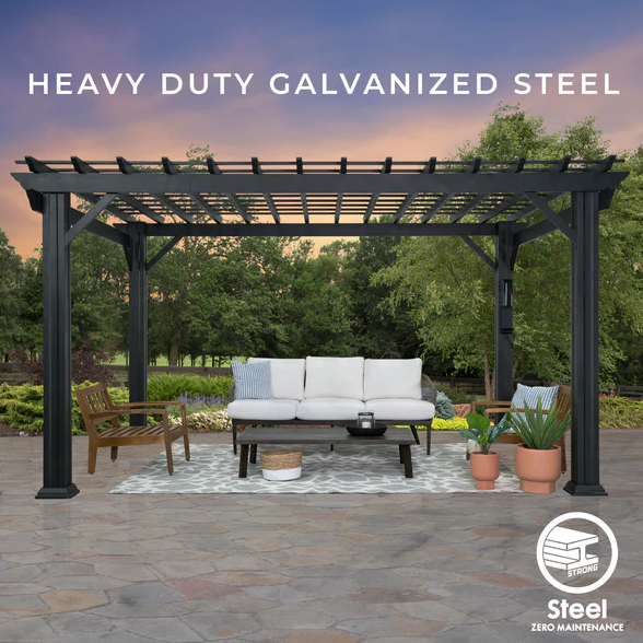 Stratford 16 Ft. X 12 Ft. Black Steel Traditional Pergola with Sail Shade Soft Canopy