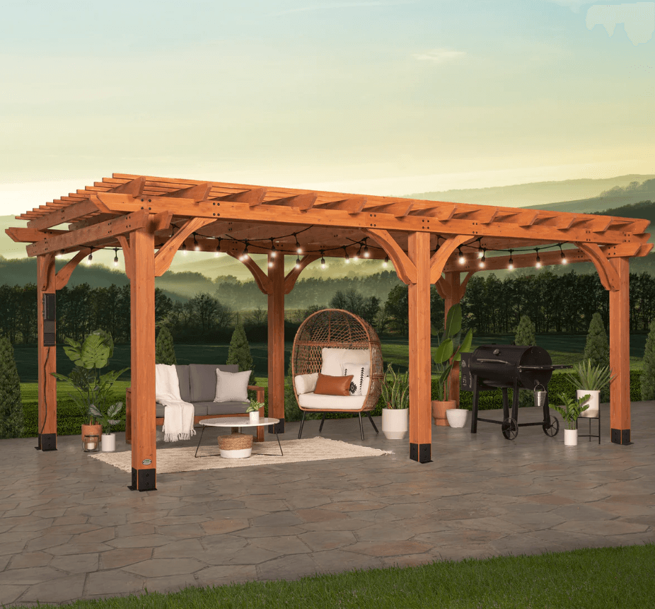 Beaumont 20 ft. x 12 ft. Light Brown Traditional Outdoor All Cedar Wood Patio Pergola Shade Structure with Electric