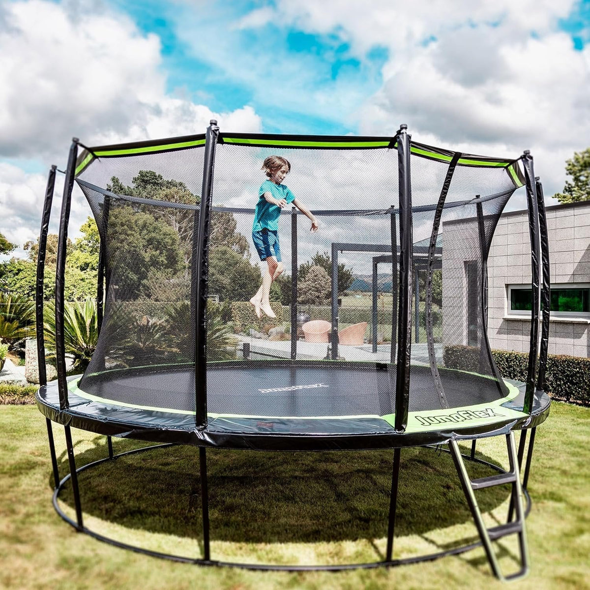 JumpFlex Hero 14 Backyard Outdoor Trampoline for Kids with Net & Ladder