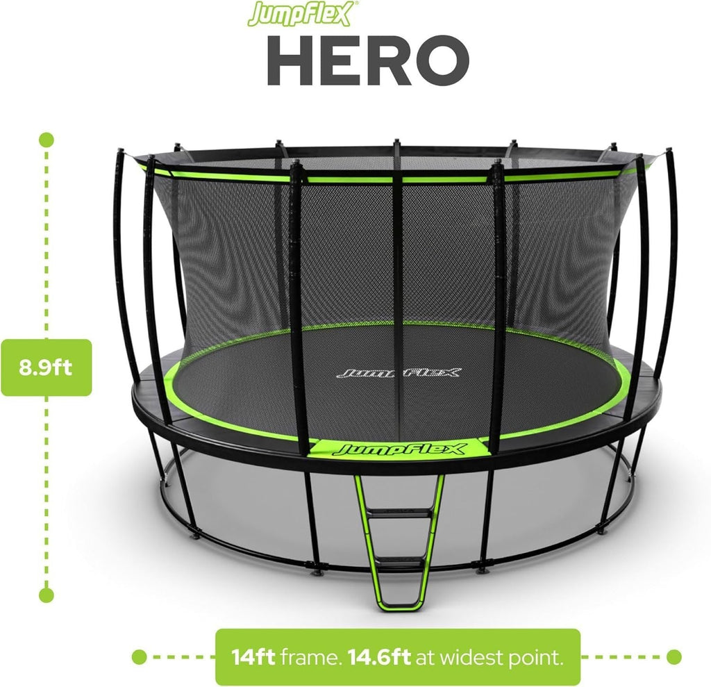 JumpFlex Hero 14 Backyard Outdoor Trampoline for Kids with Net & Ladder
