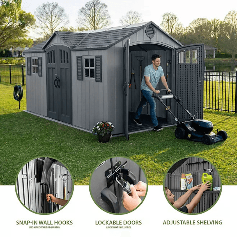 Lifetime 15 ft x 8 ft Dual Entry Outdoor Storage Shed, Gray
