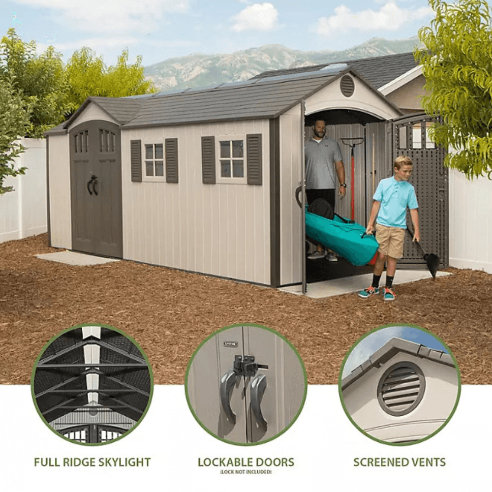 Lifetime 8 ft x 17.5 ft Outdoor Storage Shed Dual Entry, Tan