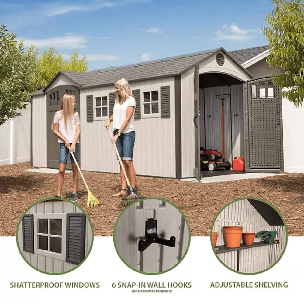 Lifetime 8 ft x 17.5 ft Outdoor Storage Shed Dual Entry, Tan