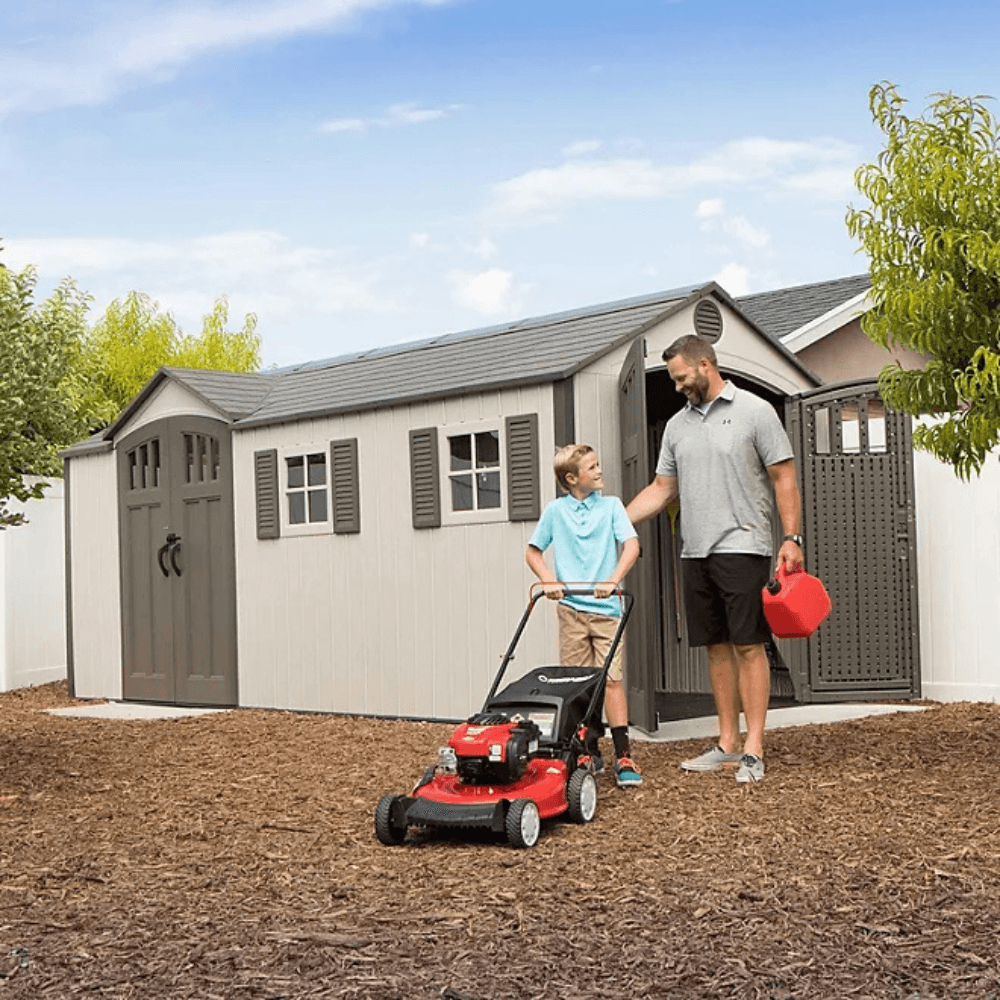 Lifetime 8 ft x 17.5 ft Outdoor Storage Shed Dual Entry, Tan