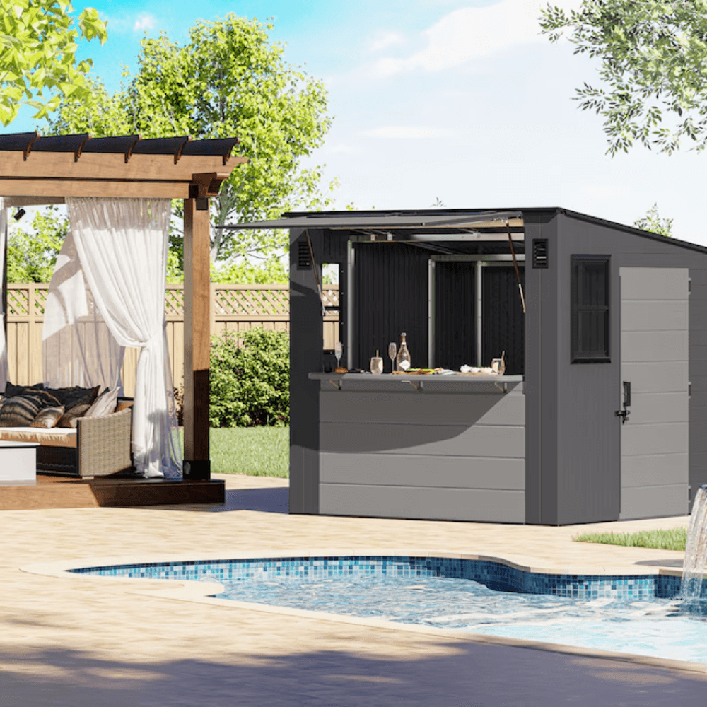 Suncast Cabana Entertainment Shed 8 ft. x 7 ft. Resin Storage Shed (Floor Included)