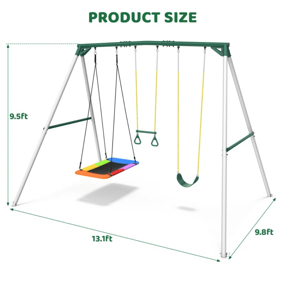 9.5 ft Heavy Duty Metal Swing Set with Belt Swing, Trapeze Bar