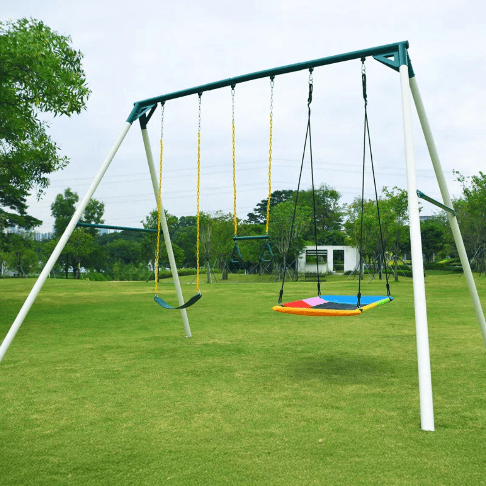 9.5 ft Heavy Duty Metal Swing Set with Belt Swing, Trapeze Bar