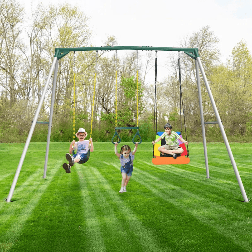 9.5 ft Heavy Duty Metal Swing Set with Belt Swing, Trapeze Bar